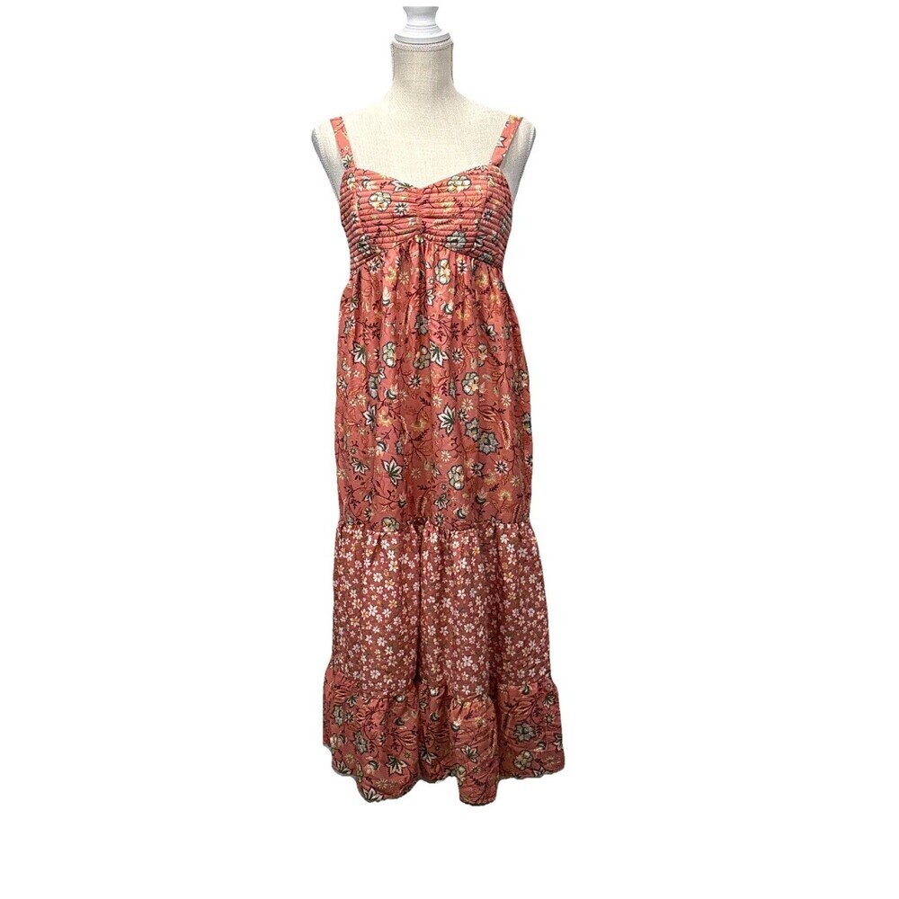 Band of the Free Coral Sage Floral Smocked Tiered Boho Festival Midi Dress Sz M
